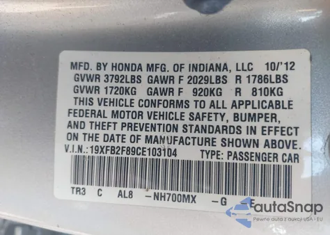 2012 Honda Civic Ex from USA, damaged, VIN 19XFB2F89CE103104